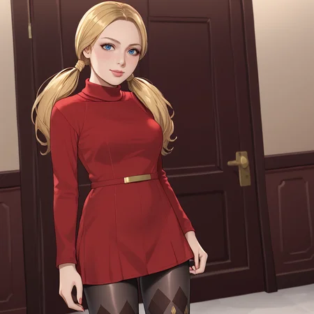 <lora:katherinewarrenre2r_pony_v1:.8>  KatherineWarren, 1girl, solo, blonde hair,twintails, long hair, blue eyes, nail polish, jewelry, cowboy shot, <lora:0965 Home wear 12_v1_pony:1> ruanyi0965,red dress,short dress,black pantyhose,argyle legwear,turtleneck,dress lift,bottomless,long sleeves