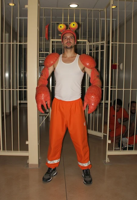 Photo of a one man wearing crab costume. He has crab head and claws. He wears orange prison uniform an white top tank.
Futuristic diselpunk prison. Few male prisoners sitting on the floor.
Dynamic scene. Film grain. Intricate details.