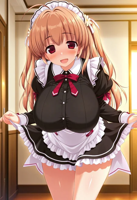 masterpiece,best quality,amazing quality,solo,1girl, galgame cg, Fuuka Himekawa, (large hanging boobs:1.1), red eyes, brown hair, hair ornament, ribbon, ahoge, shiny hair, shiny skin, blush, smile, open mouth, voluptuous, standard height, maid cosplay, maid headdress, black shirts, long sleeved shirts, bow tie, apron, black skirt, frilled skirt, standing, room,