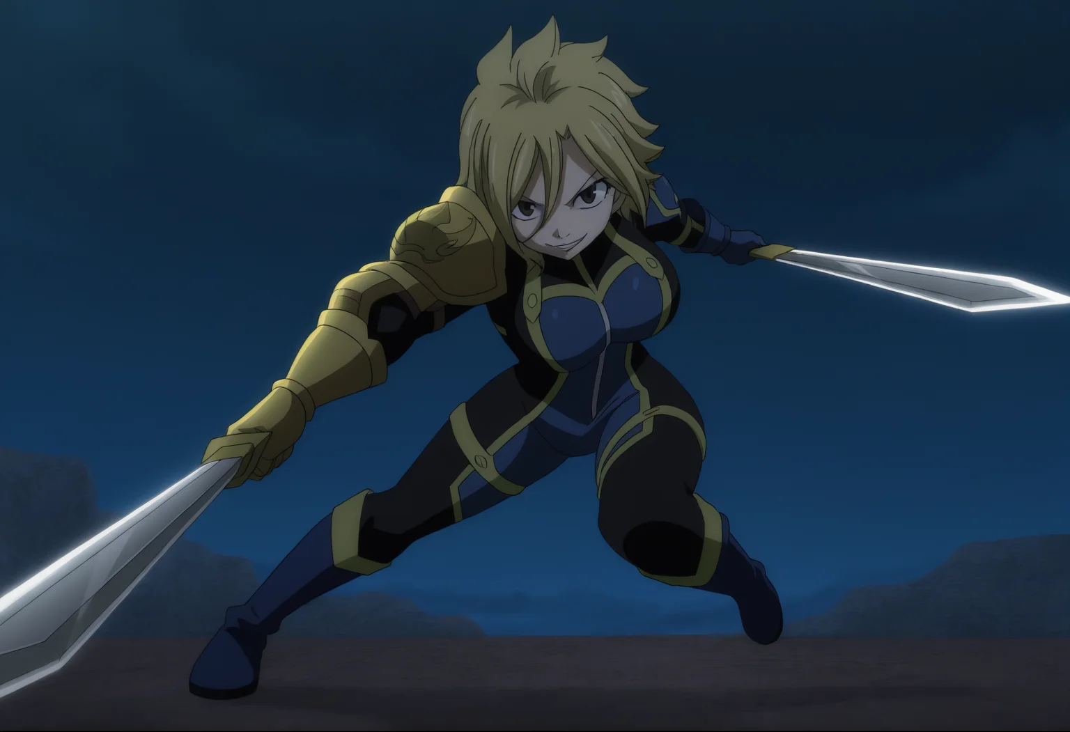 masterpiece, best quality, newest, absurdres, highres, fairy tail, anime screenshot, anime coloring, dark, outdoors, night, 1girl, solo, dimaria, brown eyes, bangs, short hair, blonde hair, hair between eyes, dimaria, brown eyes, bangs, short hair, blonde hair, hair between eyes, multicolored bodysuit, blue bodysuit, black bodysuit, yellow trim, skin tight, single pauldron, yellow pauldron, single gauntlet, yellow gauntlet, evil smile, incoming attack, foreshortening, dynamic pose, dual wielding, full body, blue knee boots <lora:Dimaria_Yesta_all_in_one_last_Illustrious:1>