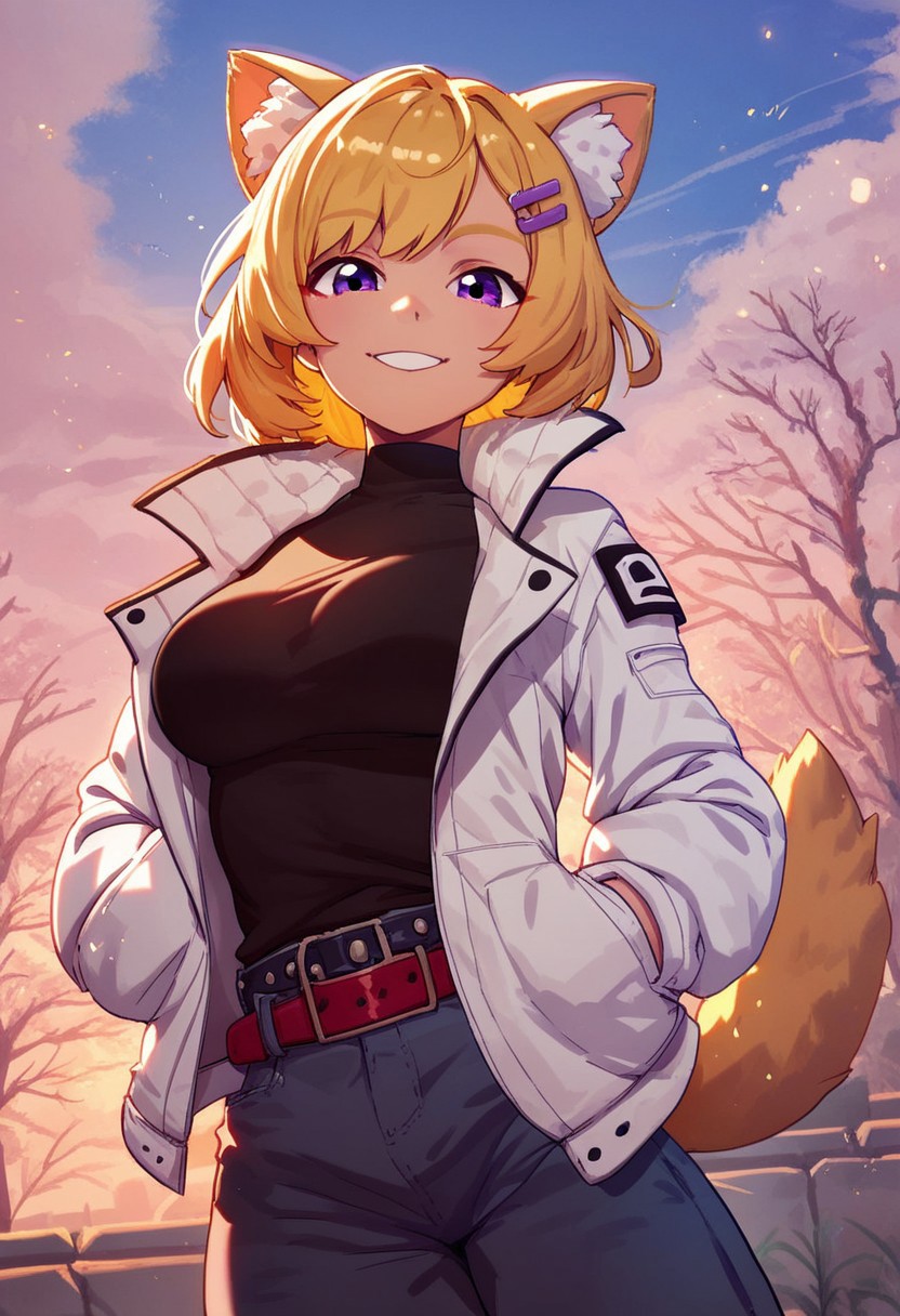 JDStyle,
, score_9, score_8_up, score_7_up, solo, 1girl, outdoors, looking at viewer, purple eyes, animal ears, animal ear fluff, blonde hair, hair ornament, hairclip, large breasts, tail, jacket, white jacket, long sleeves, open clothes, open jacket, shirt, black shirt, jewelry, belt, dynamic pose, smile
