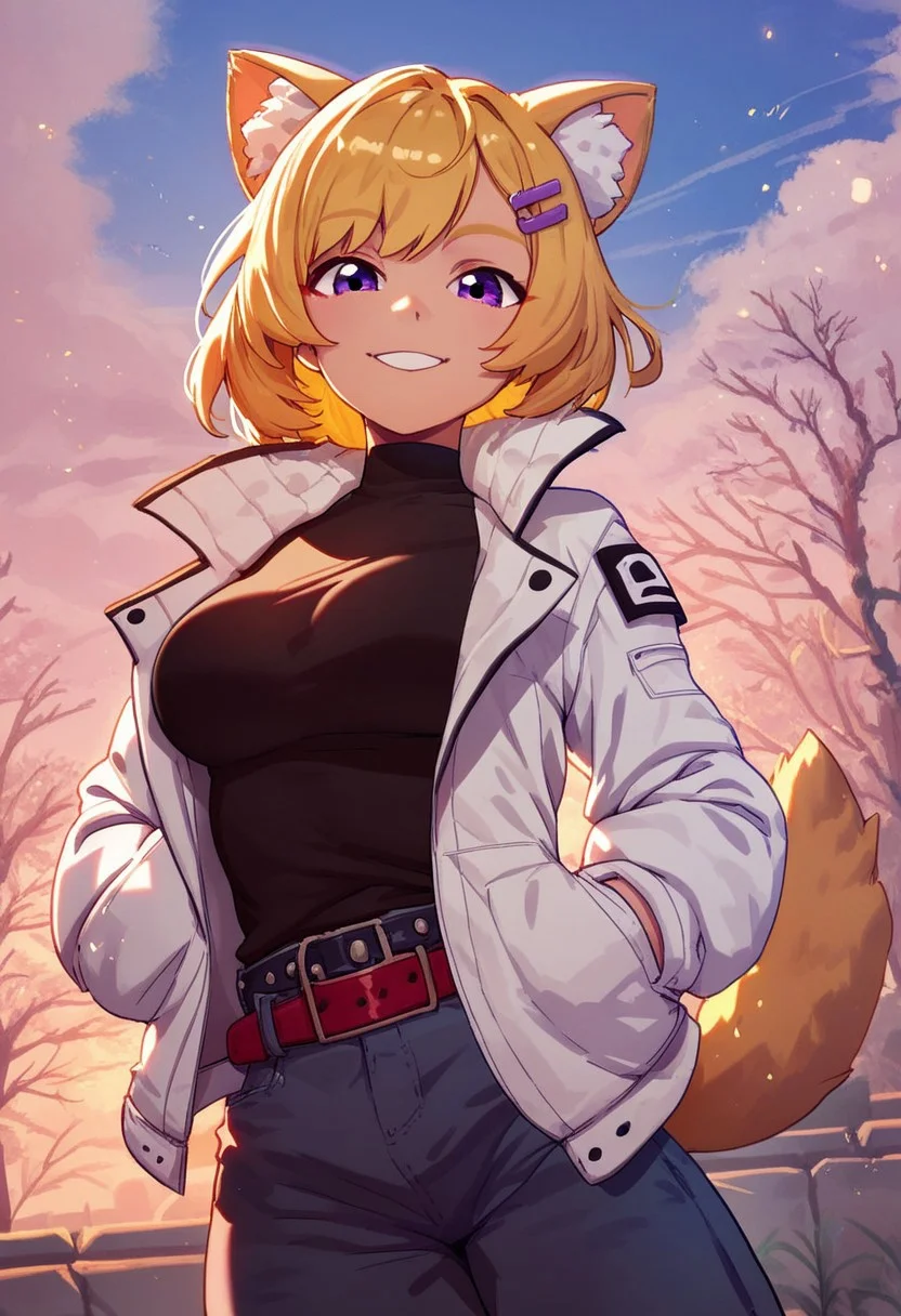 JDStyle,
, score_9, score_8_up, score_7_up, solo, 1girl, outdoors, looking at viewer, purple eyes, animal ears, animal ear fluff, blonde hair, hair ornament, hairclip, large breasts, tail, jacket, white jacket, long sleeves, open clothes, open jacket, shirt, black shirt, jewelry, belt, dynamic pose, smile