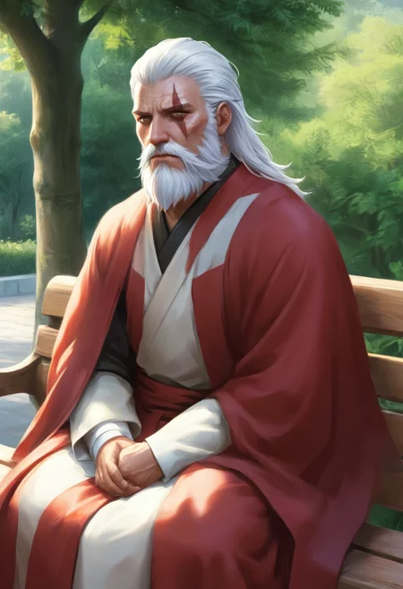 anime,illustration,Reinhardt sits on an outdoor bench in his priestly robes,sunning himself,<lora:xl-reinhardt-000012:0.7>,scar across eye,beard,white hair,