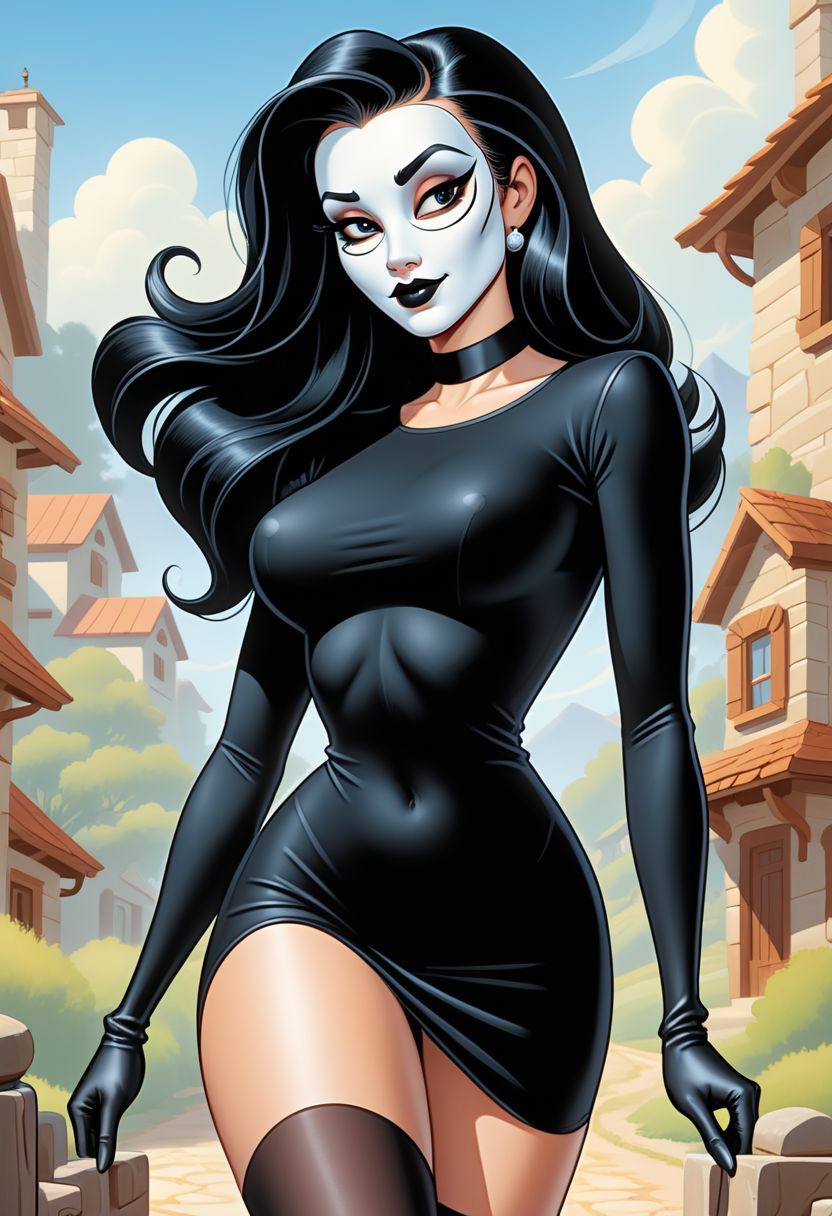 (masterpiece), high quality, 4k, Artist style: Bruce Timm, DCAU, DC comics, Western Comics,
BREAK, 1woman, Calendar Girl, (Page Monroe), long hair, black hair, skintight clothing, long-sleeved dress, black dress, black tights, petite, (white mask), (mask:1.6), (monochromatic outfit), gloves, (black eyes:1.5), (no eyes:1.4)