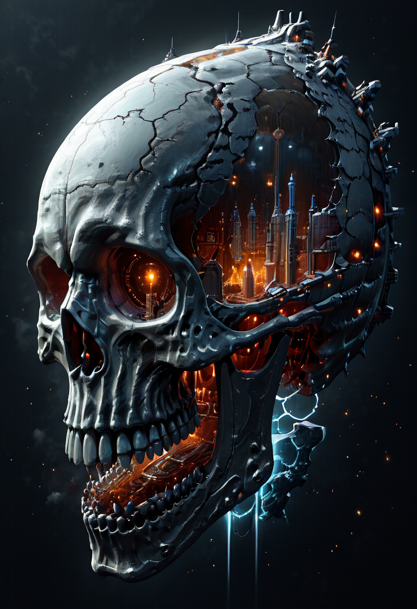 masterpiece, best quality, no humans,   ,<lora:SkullWorld_IXL:1.0>,  zzSkullWorld, a massive skull-shaped structure floating in the vastness of space, encircled by a series of intricate, glowing rings. These rings are not just simple ice and rock formations but are composed of swirling cosmic debris, fragments of shattered planets, and pieces of ancient technology, all held together by invisible gravitational forces. The rings shine with an eerie, metallic glow, each one layered with shifting colors â from fiery red to deep violet, with flashes of electric blue that pulse intermittently, as if alive. Some parts of the rings emit faint, neon-like trails of light as they spin, leaving a streak of glowing particles in their wake. The skullâs dark eye sockets glimmer ominously in the center, while countless sleek spaceships dart towards it, their engines leaving streaks of white light against the blackness of space. The ships are drawn towards the skull, as if the gravitational pull of the rings and the strange energy of the skull itself are irresistible forces. The rings create an impenetrable barrier, forming an almost perfect halo around the colossal structure, with larger sections of debris occasionally breaking free, drifting off into the void, and adding to the skullâs growing gravitational influence.