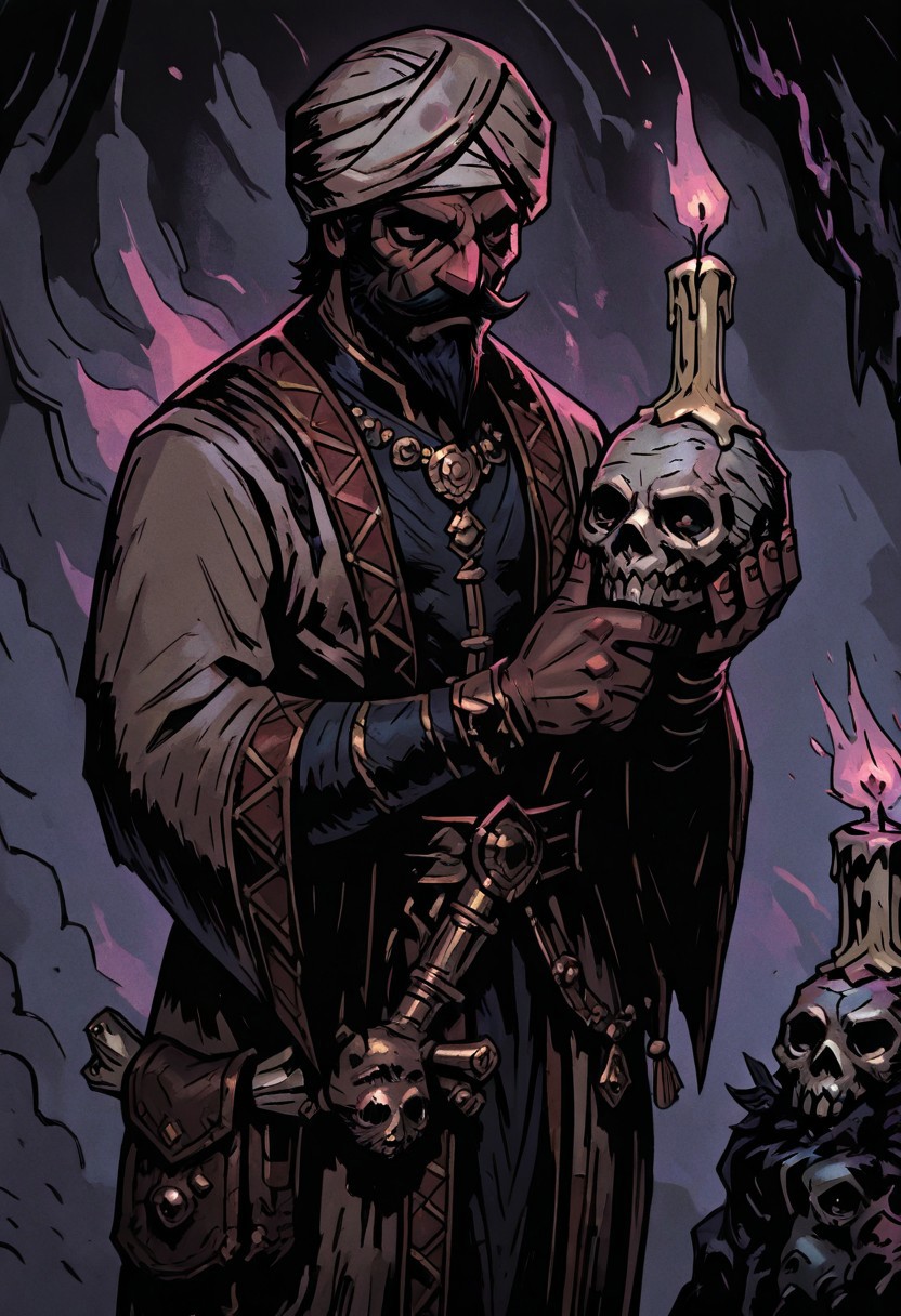 masterpiece, best quality, newest, absurdres, highres, TTCSV1.0,
1boy, DDOCC-V1.1, turban, headgear, facial hair, mustache, short hair, beard, arabian, arabian male, holding, candle, skull,