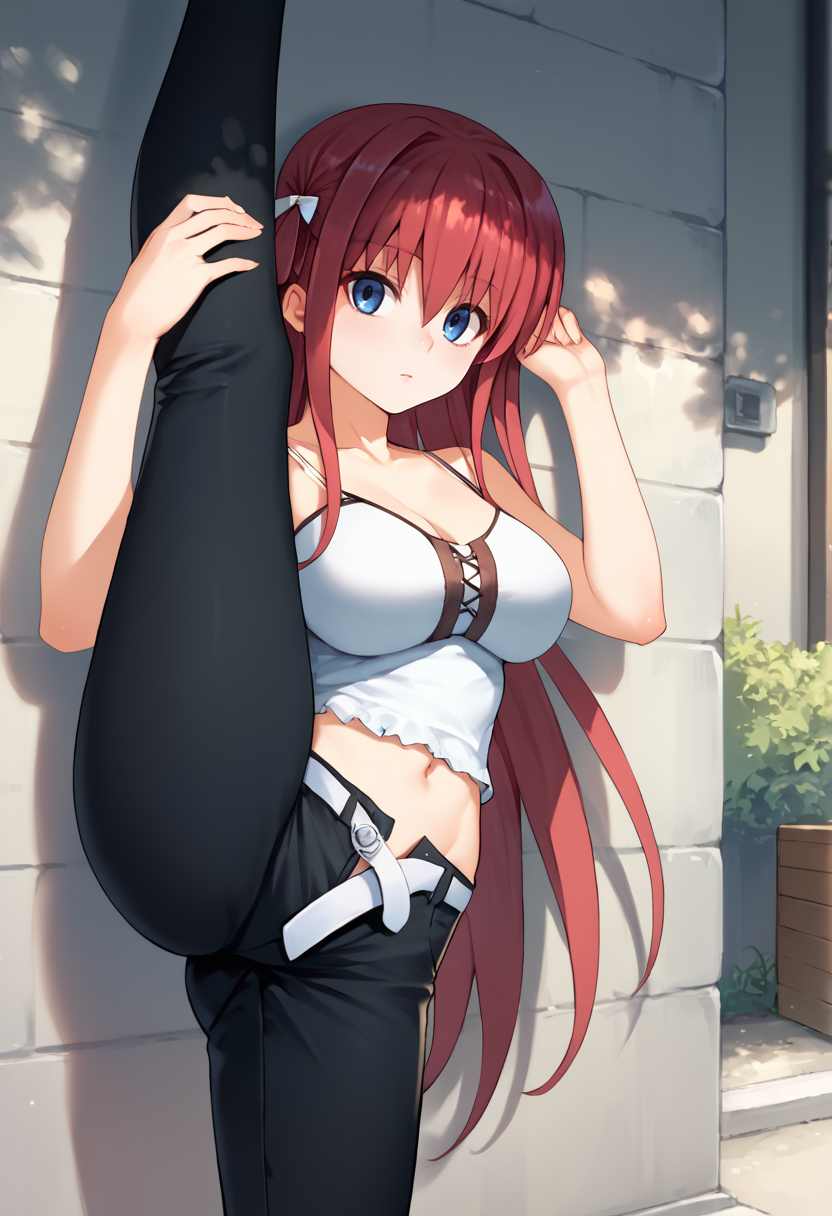 score_9, score_7_up, 1girl, suou amane, two side up, long hair, red hair, blue eyes, large breasts,  white camisole, black pants, white belt, open belt, midriff, open fly,  solo, standing split, looking at viewer, outdoors, against wall,       <lora:Suou Amane 3-000009:1>