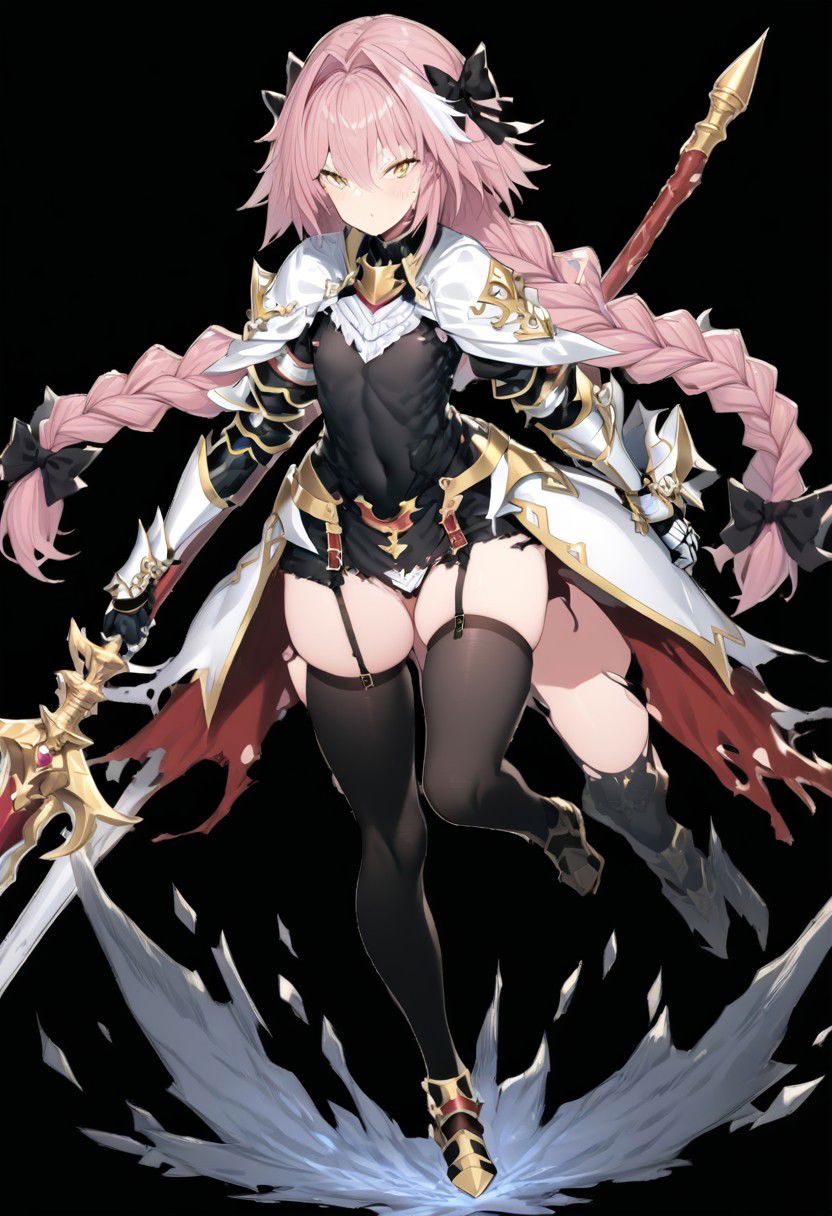 masterpiece, best quality, ultra-detailed, beautiful, nai3, 1girl, solo, full_body, tachi-e, 
astolfo \(fate\), 1boy, armor, black thighhighs, braid, cape, full body, garter straps, gauntlets, hair between eyes, hair ribbon, holding, holding polearm, holding weapon, lance, long hair, male focus, otoko no ko, pink hair, polearm, ribbon, riding, single braid, solo, thighhighs, torn cape, torn clothes, weapon, yellow eyes