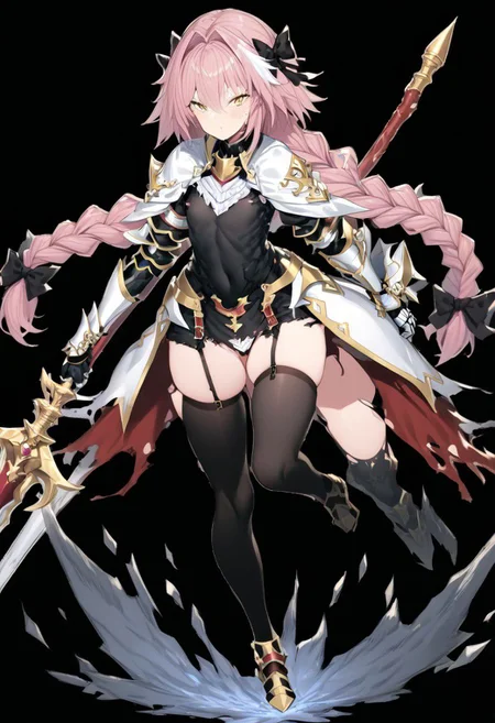 masterpiece, best quality, ultra-detailed, beautiful, nai3, 1girl, solo, full_body, tachi-e,
astolfo \(fate\), 1boy, armor, black thighhighs, braid, cape, full body, garter straps, gauntlets, hair between eyes, hair ribbon, holding, holding polearm, holding weapon, lance, long hair, male focus, otoko no ko, pink hair, polearm, ribbon, riding, single braid, solo, thighhighs, torn cape, torn clothes, weapon, yellow eyes