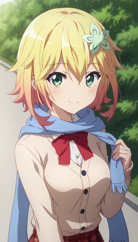 score_9,score_8_up,score_7_up,score_6_up BREAK official art,solo,outdoors,upper body,(portrait:1.5),looking at viewer,facing viewer,smile,blush,Tapris Sugarbell Chisaki,short hair,two-tone hair,blonde hair,hair ornament,hair flower,green flower,hair between eyes,parted bangs,green eyes,blue scarf,beige cardigan,red ribbon,collared shirt,white shirt,medium breasts,red skirt,plaid skirt,pleated skirt,black pantyhose,loafers,<lora:Tapris Sugarbell Chisaki(gd)-Pony:1.4>,