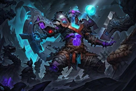 dungeons and dragons oathbreaker paladin with a huge purple energy glowing axe and dark armor, holy golden glowing light symbol in chest, fighting with undeads, a black dragon in background, fantasy warrior,