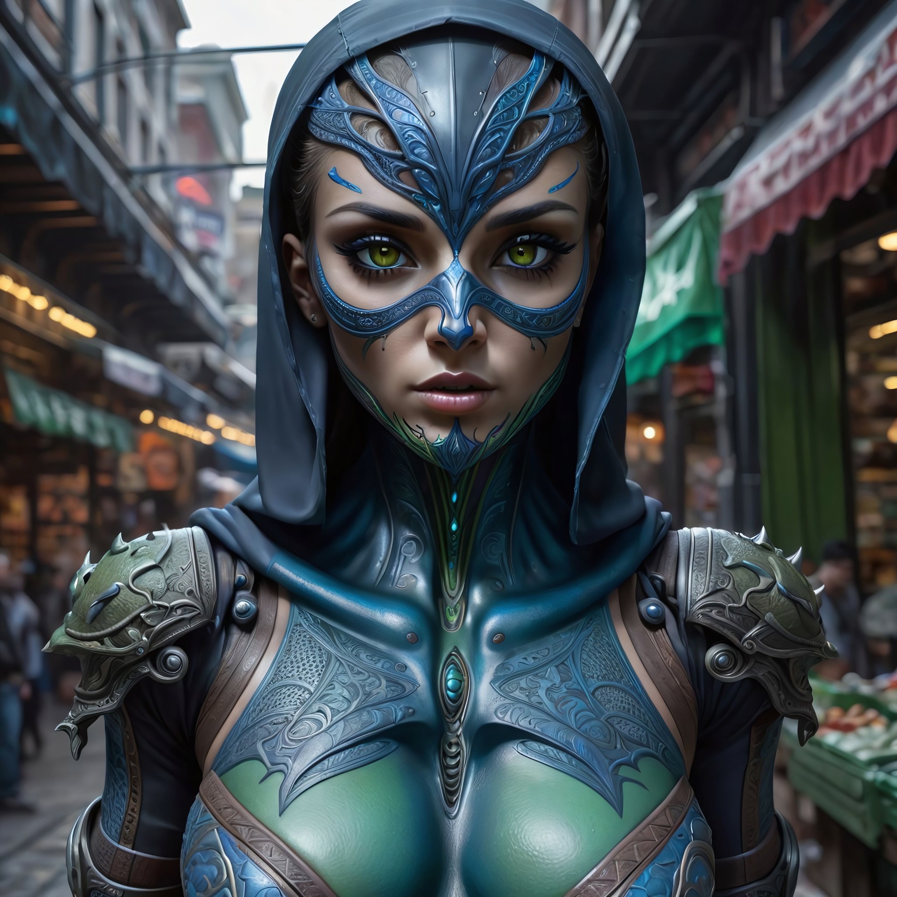 alien girl assassin in a city market fixing to kill her target, alien skin tone, ultra photoreal, bold & powerful, lifelike art, evil & dark assassin clothes, deep and colorful background, dark and moody lighting, green and blue and brown, light hair but dark eyebrows, face tattoo's, veil, hood up, very detailed, Shot in UHD, realistic textures, full depth of field