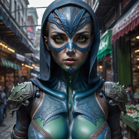 alien girl assassin in a city market fixing to kill her target, alien skin tone, ultra photoreal, bold & powerful, lifelike art, evil & dark assassin clothes, deep and colorful background, dark and moody lighting, green and blue and brown, light hair but dark eyebrows, face tattoo's, veil, hood up, very detailed, Shot in UHD, realistic textures, full depth of field