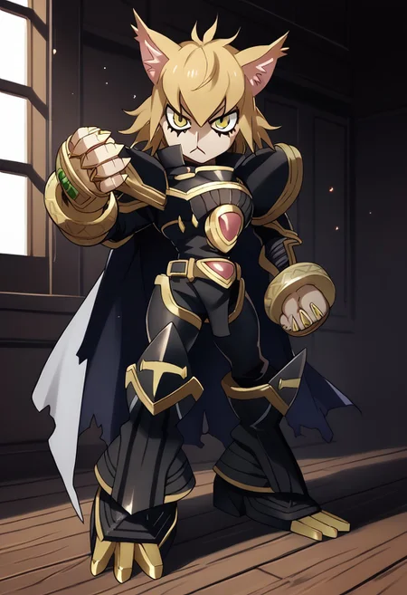 score_9, score_8_up, score_7_up, score_6_up, score_5_up, score_4_up,rating_safe,source_anime,jojo,necoarc,blonde hair, yellow eyes, slit pupils, cat ears, :3, chibi,alphamon,cape,full body,dynamic pose,indoors