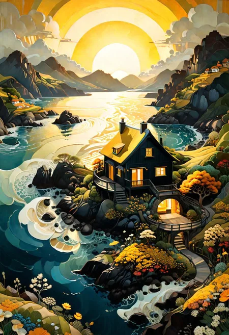 very beautiful insanely detailed image of glowing seascape cottage in golden spring". beautiful golden mountains, bright dark yellow ornate sun, by Victo_Ngai, Oleksandra Ekster, Malevich, Vladyslav Yerko and Alexander Jansson, Vladyslav Yerko! Very Complex perfect elegant composition! linen gesso acrylic paper, epic Dramatic lighting! Razor-sharp quality insanely detailed, deep colors realistic masterpiece<lora:xl_more_art-full_v1:0.5>