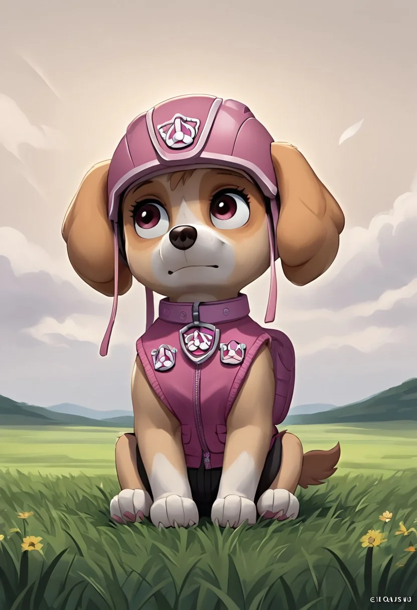 BREAK Score_9_up, Score_8_up, Score_7_up, source_anime, (sideways), skyepp, dog, pink vest, pink collar, pink goggle helmet, sitting, view away from viewer, wind moving ears, night, grass,