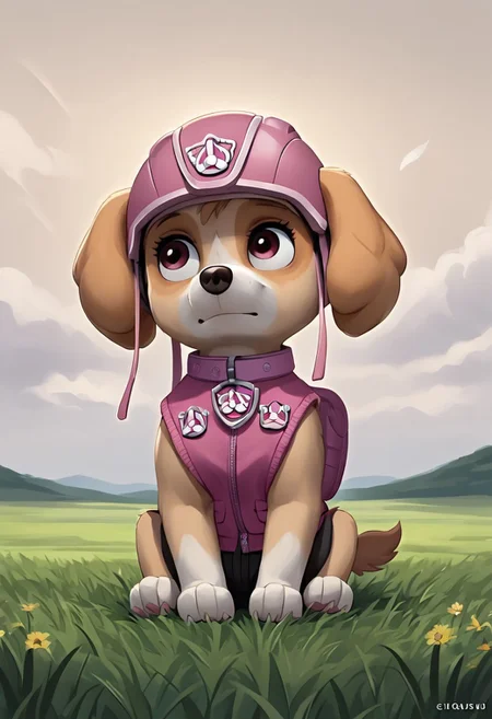 BREAK Score_9_up, Score_8_up, Score_7_up, source_anime, (sideways), skyepp, dog, pink vest, pink collar, pink goggle helmet, sitting, view away from viewer, wind moving ears, night, grass,