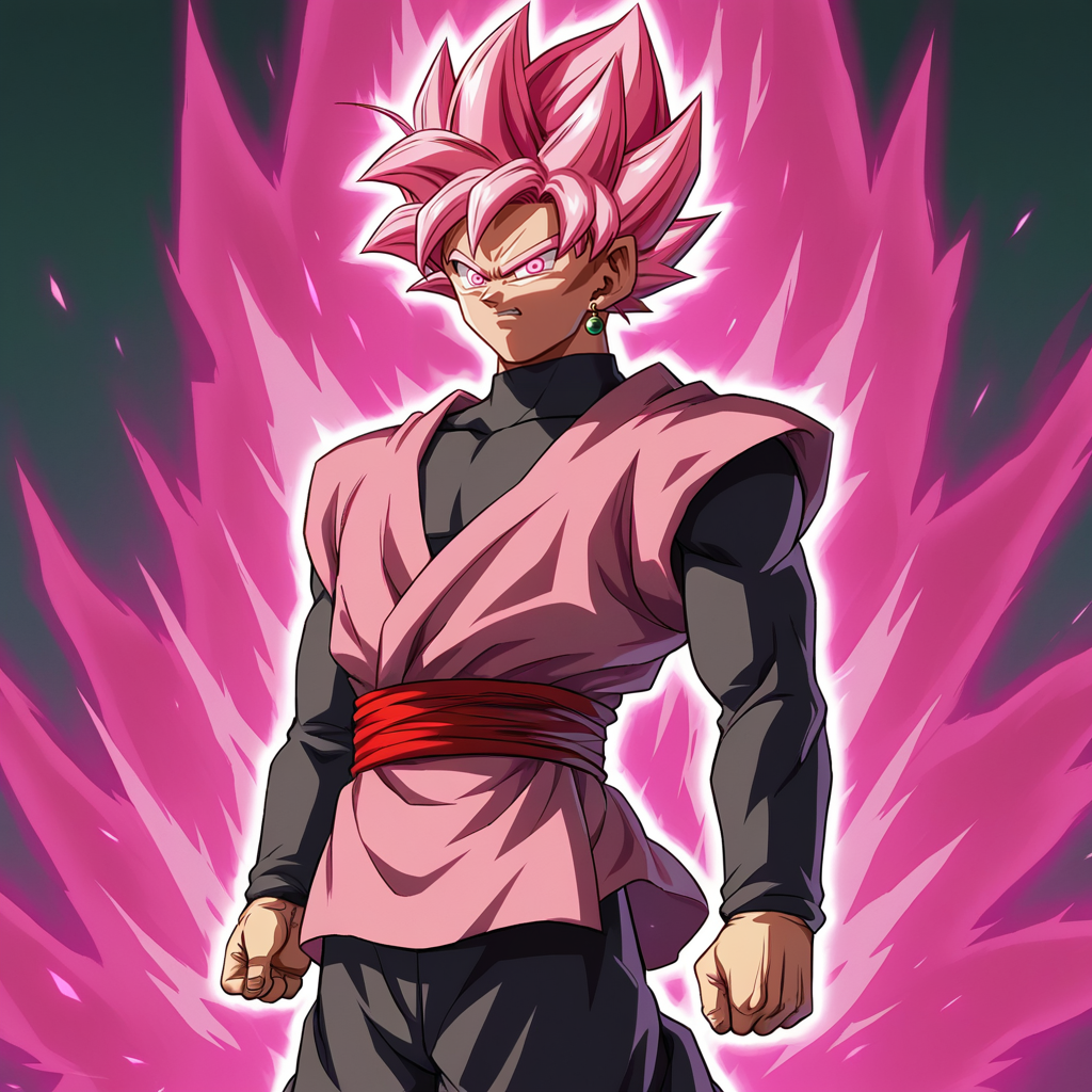 score_9_up, score_8_up, BREAK, GokuBlack, super saiyan rose, 1boy, solo, pink hair, spiked hair, pink eyes, long sleeves,  black pants, cowboy shot, aura, glowing hair,  <lora:GokuBlack_PXL_Leaf1:1>,