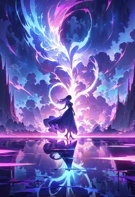 serene night, beautiful sky, dancing silhouette, Complex landscape, best quality, pastel colors, light blue tint, aesthetic Ethereal, Effulgent, Idyllic atmosphere, Tranquil, ethereal quality, cinematic volume, Twinkling lighting, glowing aura, global illumination, glowneon, Anisotropic Filtering, Unrivaled Opus, Unconventional, hyper detailed, HDR,