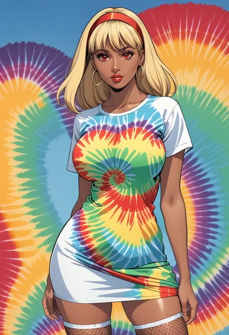 R3TR0BL0ND3, retro_artstyle, 1girl, tie_dye, tie-dye, colorful, t-shirt, multicolored_shirt, solo_focus, blonde hair, red eyes, hair band, gradient hair, tanned skin, large breasts, mature female, white dress, fully clothed, fishnet thighhighs, shy