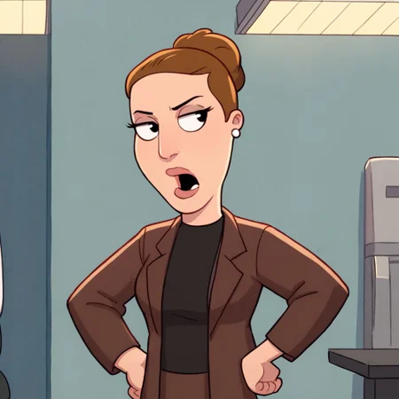 angela, brown hair, hairbun, lips, earrings, black eyes,
formal, jacket, black shirt, skirt, half body,
hands on hips, open mouth, upset,
score_7, score_7_up, 1girl, solo,
office setting,