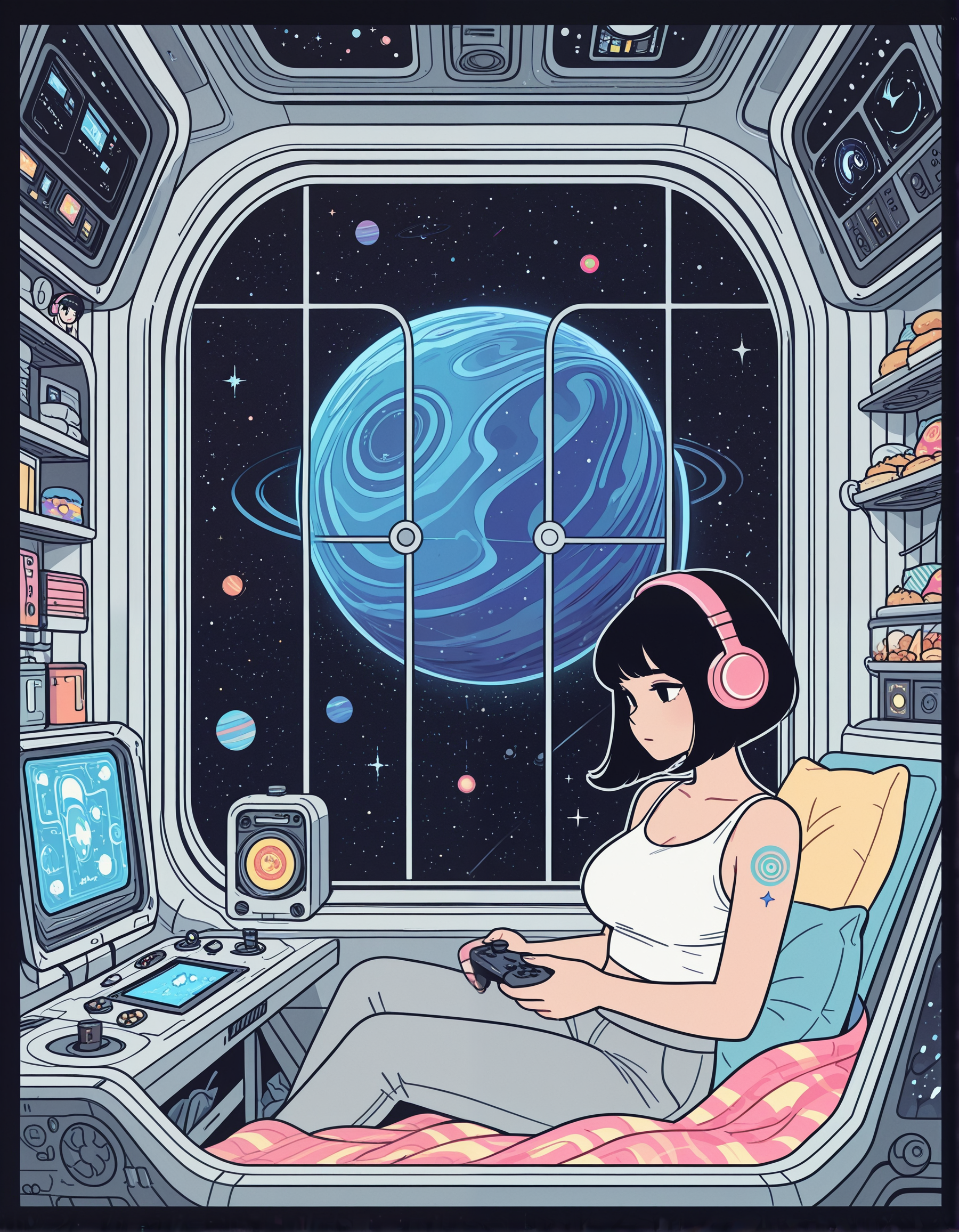 flat color, black outline, 1girl, black hair, bob haircut, pink headphones, pretty face, white top, grey pants, colorful tattoos, perfect body, large breasts, sitting at the window, inside a cozy spaceship, white metal, futuristic interior, colorful blankets and pillows, deco, comics, shelves, trash, food, screens, gaming consoles, in outer space, large colorful planet, nebulae, stars, galaxy