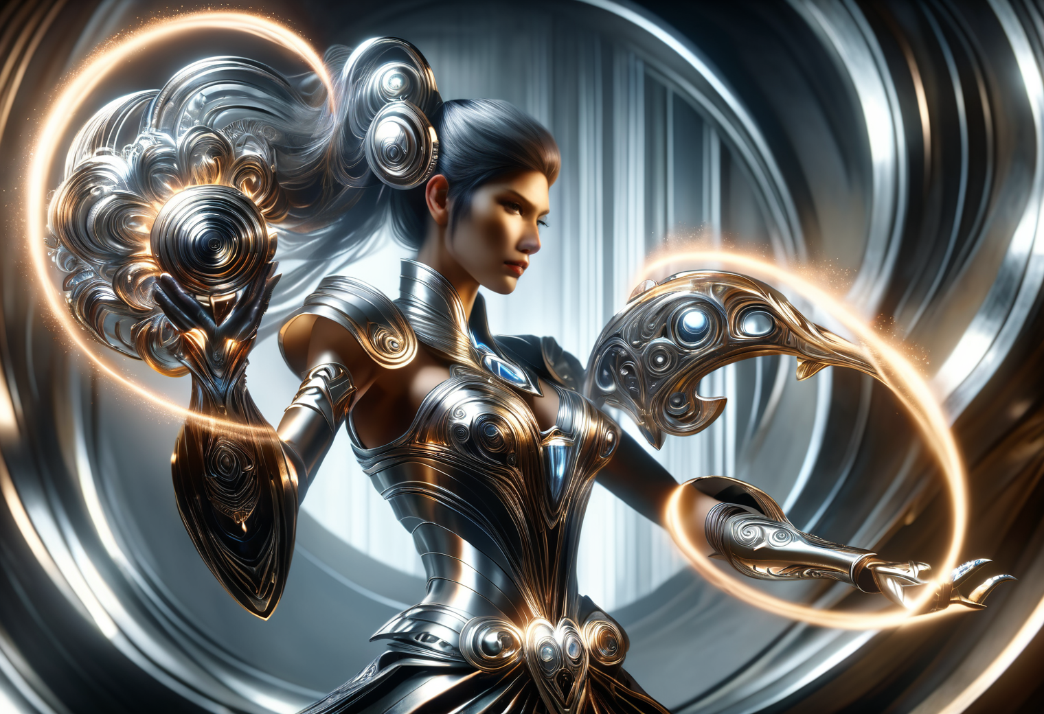 hyper detailed masterpiece, dynamic, awesome quality,female caster casting steel magic gleaming, metallic construct, shifting forms, intricate, reflects light, steely glint,  resonating, air around it vibrates with the strength and resilience of forged metal DonMM4g1cXL <lora:DonMM4g1cXL_v1.2:1>