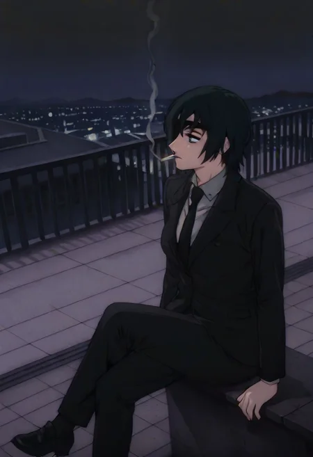 masterpiece,best quality,amazing quality,absurdres, 1girl, solo, masterpiece, best quality, Himeno, medium breasts, short hair, black hair, blue eyes, bangs, eyepatch, suit, suit pants, cigarette, smoking, looking away, rooftop, sitting down, leg dangle,