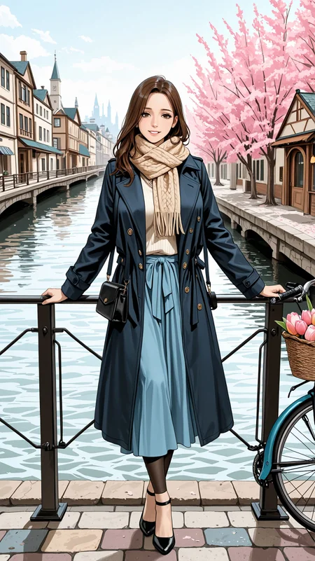 Dee_Glover  IllusP0s, (style of Vivian Maier), [quintessential Dutch charm:Amsterdam's vibrant essence:0.7] cityscape, capturing the unique allure of Amsterdam through the day-to-day elegance of a local. Amidst this picturesque setting, a woman emerges as the embodiment of Amsterdam's soul, seamlessly blending the city's historic grace with its lively, contemporary rhythm. Her attire is a ((stylish yet comfortable ensemble)), perfect for cycling along the city's iconic canals. She dons a tailored, waterproof trench coat that whispers sophistication, paired with practical, chic footwear ideal for navigating the cobblestone streets. Her outfit is complemented by a casual scarf, adding a pop of color, and a classic, sturdy bicycle at her side, equipped with a quaint basket filled with fresh tulips. The backdrop features the charming canal houses of Amsterdam, their gabled facades a testament to the city's rich architectural history, standing tall and elegant along the serene waterways. The scene transitions smoothly into the vibrant tulip fields just outside the city, a sea of colors that captures the essence of Dutch beauty in spring. The composition skillfully intertwines Amsterdam's famed cycling culture, as the woman pauses on a bridge over a canal, her bicycle leaning gently against the railing. She takes in the view, a blend of tradition and modernity, her figure a connecting thread between the city's past and its dynamic present. This moment encapsulates the spirit of Amsterdam, where every turn reveals a new facet of its diverse character, from the tranquility of its waterways to the bloom of its countryside, all seen through the eyes of one who calls it home.
