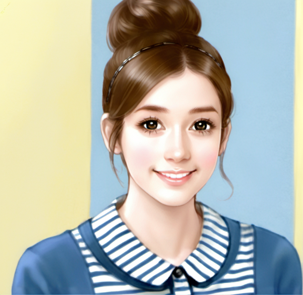 The image shows a painting of a woman wearing a blue sweater and a striped shirt, with a watermark on the right side. She has a cheerful expression on her face, and her hair is tied up in a neat bun. Her eyes are bright and her lips are slightly parted, giving her a warm and inviting look. She is surrounded by a light blue background, and the painting has a soft, dreamy quality to it. <lora:å°è¯´ç«ç»-000009:0.8>,