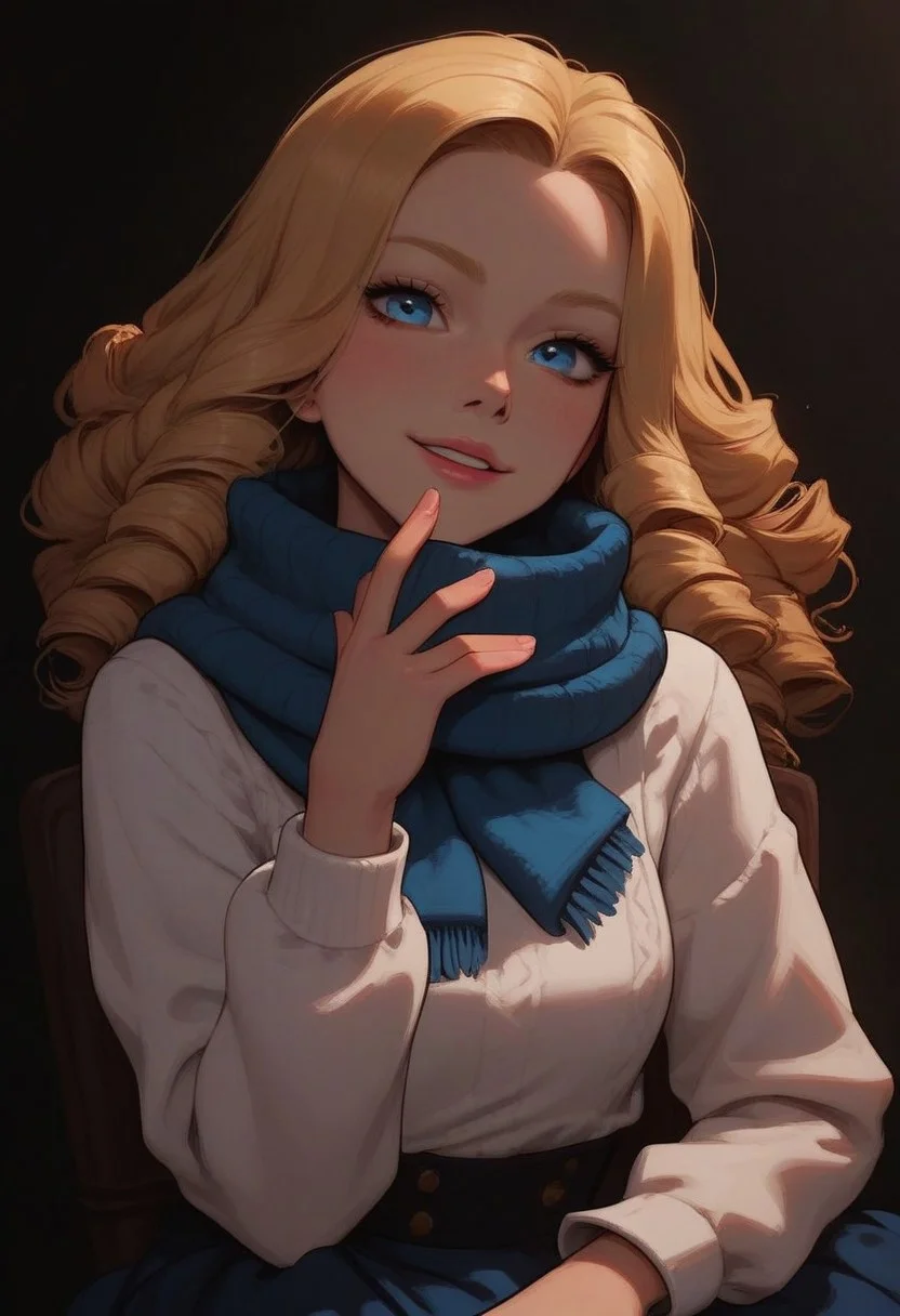 score_9, score_8_up, score_7_up, score_6_up,
1girl, 18yr old Alice in wonderland, perfect face, cute, petite,
Blue eyes,
Blonde long hair, ringlets, blue glowing scarf,
white sweater, long sweater, long sleeves,
Blue layered skirt,
white thighhighs,
Close up, smiling
night, dark