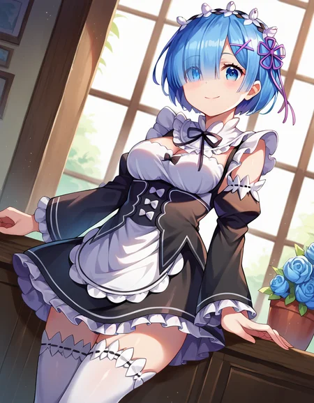 score_9, score_8_up, score_7_up, source_anime,
rezerorem, <lora:rezero-rem-ponyxl-lora-nochekaiser:1>,
rem, blue eyes, blue hair, hair ornament, hair over one eye, hair ribbon, short hair, x hair ornament, smile,
apron, black ribbon, black skirt, black sleeves, detached collar, detached sleeves, flower, frilled apron, frilled skirt, frills, head wreath, long sleeves, maid, miniskirt, neck ribbon, purple ribbon, ribbon, ribbon trim, ribbon-trimmed sleeves, roswaal mansion maid uniform, short hair, skirt, thighhighs, waist apron, white apron, white thighhighs,
indoors,
looking at viewer, dutch angle, cowboy shot,