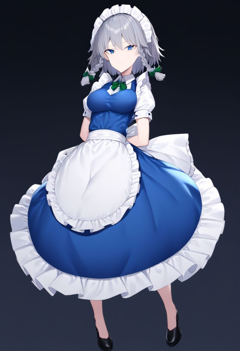 masterpiece, best quality, ultra-detailed, beautiful, nai3, 1girl, solo, full_body, tachi-e, 
sakuya_touhou, izayoi_sakuya_touhou, 1girl, blue_dress, puffy_short_sleeves, waist_apron, white_apron, maid_apron