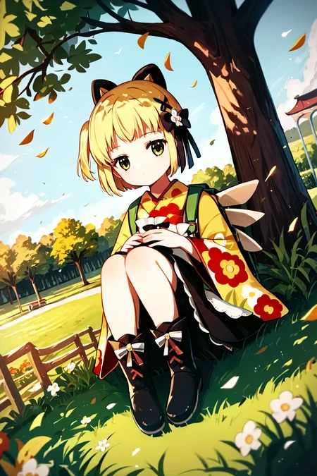 score_9, score_8_up, score_7_up, score_6_up, rating_safe, source_anime, best quality, masterpiece, detailed background, detailed eyes, park, sunny, sitting on grass, (dutch angle), knees together, windy, <lora:gekka-xl-05:1>, gekka, prima kimono, wing backpack, gekka boots,