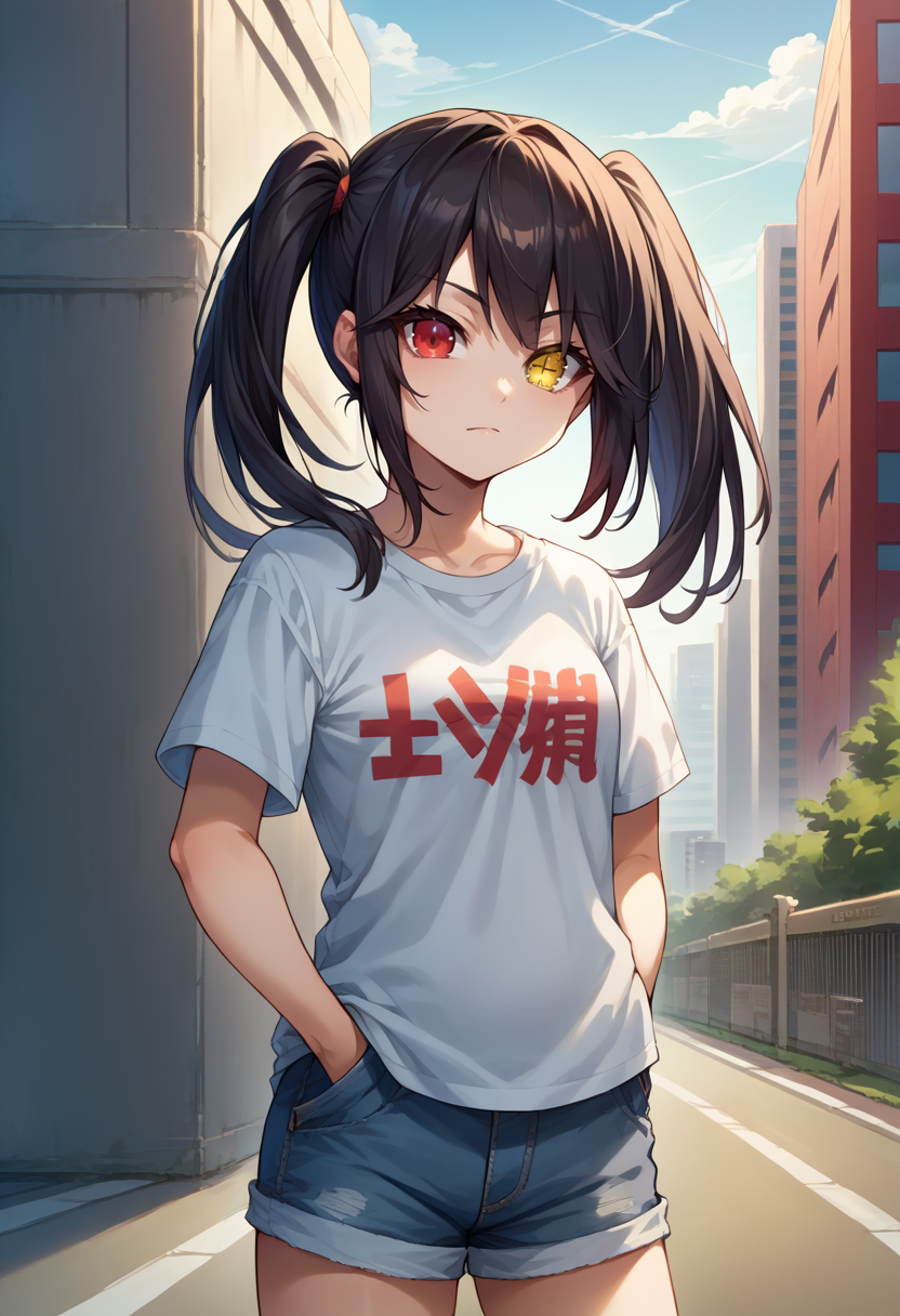 score_9, score_8_up, source_anime, 1girl, solo, TokisakiKurumi, black hair, twintails, heterochromia, red eye, yellow eye, clock eyes, t-shirt, denim shorts, standing, outdoors, city, hands in pockets, <lora:ChamTokisakiKurumiPonyXL-000008:1>