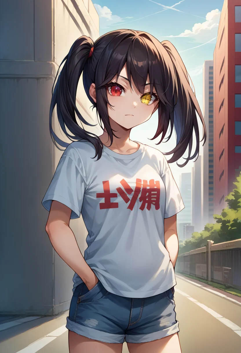 score_9, score_8_up, source_anime, 1girl, solo, TokisakiKurumi, black hair, twintails, heterochromia, red eye, yellow eye, clock eyes, t-shirt, denim shorts, standing, outdoors, city, hands in pockets, <lora:ChamTokisakiKurumiPonyXL-000008:1>