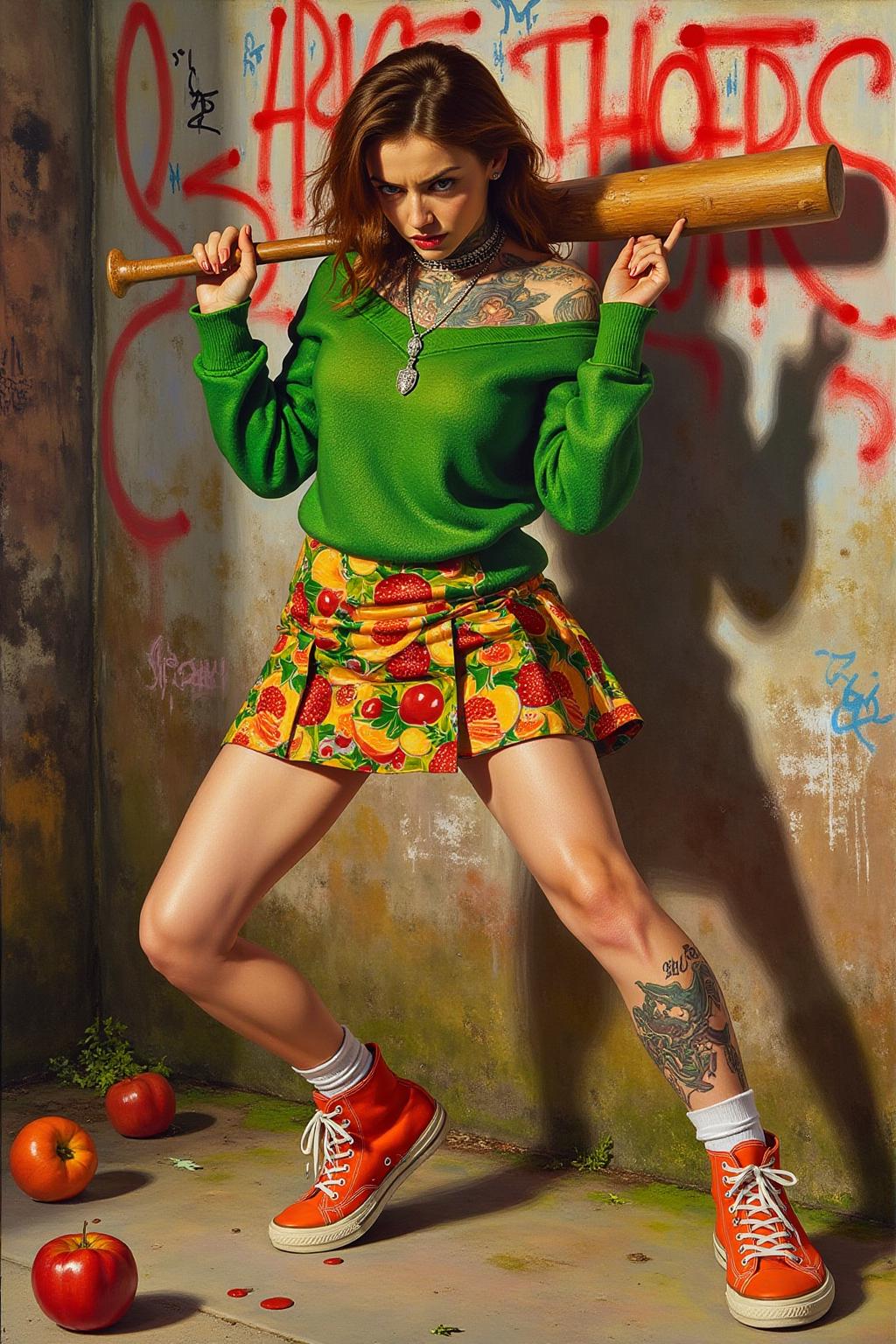 jem1 painting.
liquid splash, cartoonish juicy fruits chaos, dynamic pose, dynamic camera, a fashion shoot, an illustration of a woman threateningly holding a baseball bat in her hands, full body tattoo, wearing green short sweater, miniskirt, knee socks, orange sneakers, aggressive facial expression, wall with graffiti in the background. <lora:jem1_cap_d6a3:1.0><lora:822892073221921004:0>