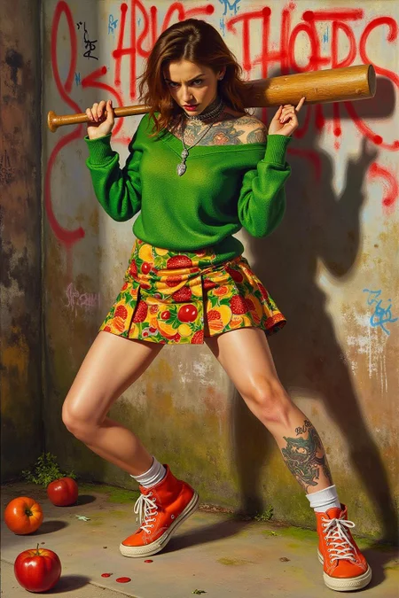 jem1 painting.
liquid splash, cartoonish juicy fruits chaos, dynamic pose, dynamic camera, a fashion shoot, an illustration of a woman threateningly holding a baseball bat in her hands, full body tattoo, wearing green short sweater, miniskirt, knee socks, orange sneakers, aggressive facial expression, wall with graffiti in the background. <lora:jem1_cap_d6a3:1.0><lora:822892073221921004:0>