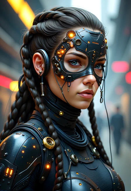 Create a detailed and realistic illustration of a futuristic, cybernetic biopunk woman with a strong, mechanical appearance. Her face is adorned with intricate metal and cybernetic components, including glowing orange lights and mechanical bolts. Her hair is long and braided, with strands of metal and wires visible. The background should be a dark, industrial setting with blurred lights and structures, giving a sense of a futuristic, sci-fi environment. The overall style should be dark and dramatic, with a focus on the intricate details of the cybernetic components. <lora:artist/style of H. R. Giger FLUX 295-000006.safetensors:1.0>, style of H. R. Giger, <lora:flux/Realism 2>, realism, realistic, <lora:fantasy_portrait_by_cosmic>, <lora:flux_trainer/bioPunk_v1>