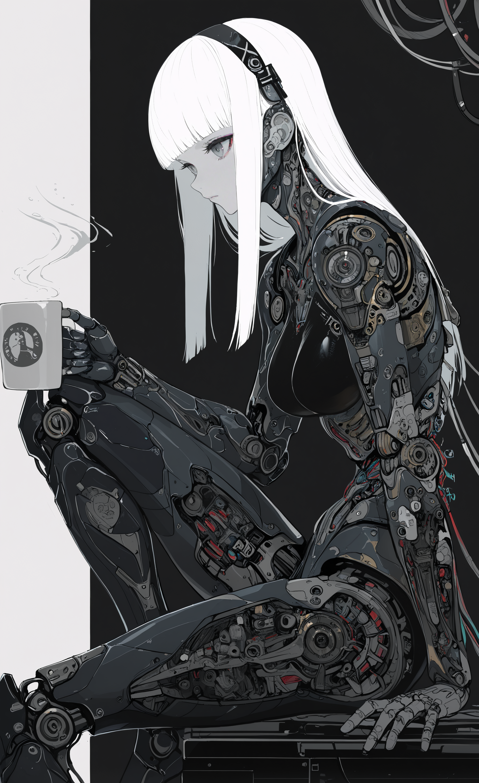 masterpiece, best quality, good quality, very awa, newest, highres, absurdres, 1girl, solo, long hair, breasts, holding, sitting, medium breasts, white hair, sidelocks, hairband, blunt bangs, from side, cup, grey eyes, makeup, expressionless, arm support, headgear, robot, holding cup, straight hair, science fiction, knee up, mug, android, cable, joints, mechanical arms, cyborg, single mechanical arm, robot joints, coffee mug, mechanical parts, mechanical legs, cyberpunk, limited palette, <lora:illustriousXL_stabilizer_v1.23:0.3> <lora:NOOB_vp1_detailer_by_volnovik_v1:0.3> <lora:ponyv6_noobE11_2_adamW-000017:0.3> <lora:114558v4df2fsdf5:0.6> <lora:XXX667:0.4> <lora:mon_monmon2133:0.5>