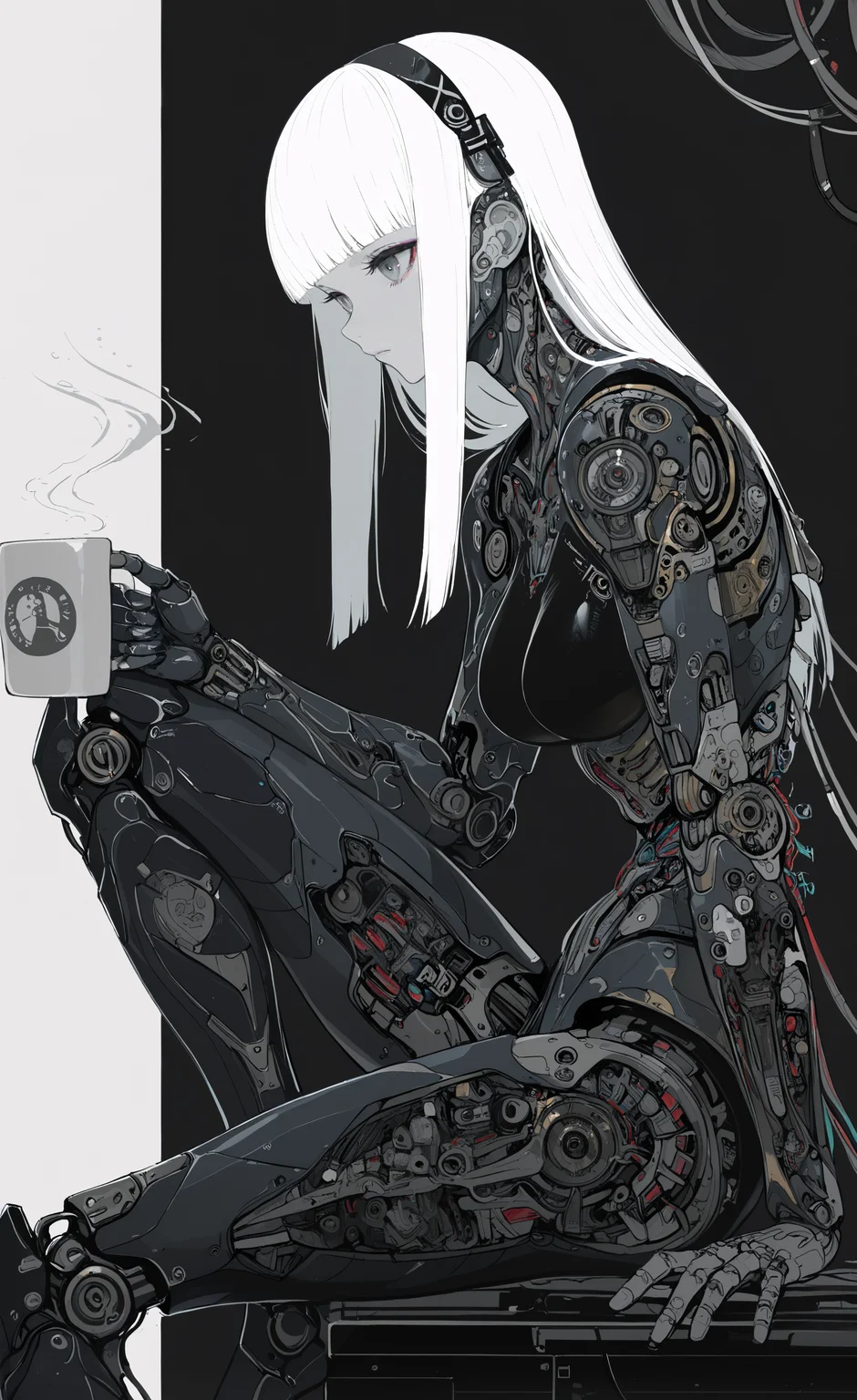 masterpiece, best quality, good quality, very awa, newest, highres, absurdres, 1girl, solo, long hair, breasts, holding, sitting, medium breasts, white hair, sidelocks, hairband, blunt bangs, from side, cup, grey eyes, makeup, expressionless, arm support, headgear, robot, holding cup, straight hair, science fiction, knee up, mug, android, cable, joints, mechanical arms, cyborg, single mechanical arm, robot joints, coffee mug, mechanical parts, mechanical legs, cyberpunk, limited palette, <lora:illustriousXL_stabilizer_v1.23:0.3> <lora:NOOB_vp1_detailer_by_volnovik_v1:0.3> <lora:ponyv6_noobE11_2_adamW-000017:0.3> <lora:114558v4df2fsdf5:0.6> <lora:XXX667:0.4> <lora:mon_monmon2133:0.5>