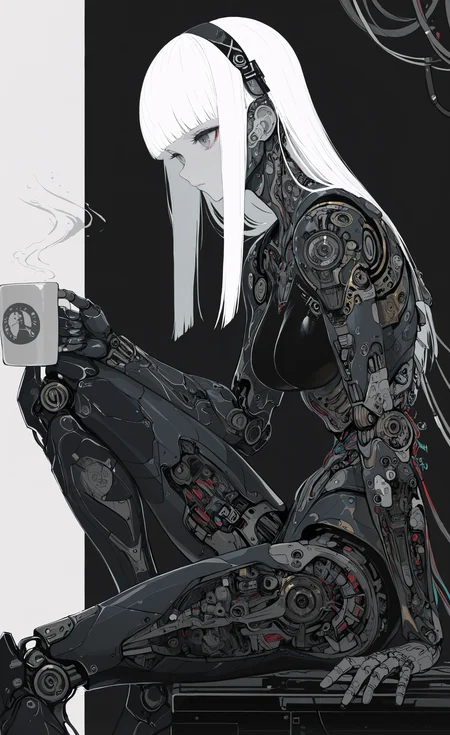 masterpiece, best quality, good quality, very awa, newest, highres, absurdres, 1girl, solo, long hair, breasts, holding, sitting, medium breasts, white hair, sidelocks, hairband, blunt bangs, from side, cup, grey eyes, makeup, expressionless, arm support, headgear, robot, holding cup, straight hair, science fiction, knee up, mug, android, cable, joints, mechanical arms, cyborg, single mechanical arm, robot joints, coffee mug, mechanical parts, mechanical legs, cyberpunk, limited palette, <lora:illustriousXL_stabilizer_v1.23:0.3> <lora:NOOB_vp1_detailer_by_volnovik_v1:0.3> <lora:ponyv6_noobE11_2_adamW-000017:0.3> <lora:114558v4df2fsdf5:0.6> <lora:XXX667:0.4> <lora:mon_monmon2133:0.5>