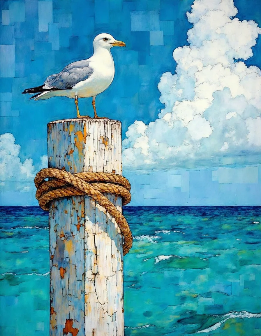 This is a vibrant detailed, impressionistic digital painting depicting a seagull perched on a weathered wooden post in the left side of the image. The post is textured appearance with visible cracks and splinters. The seagull, standing confidently on the top of the post, has a white body with black wingtips and a yellow beak and feet. The bird's plumage is detailed, showing individual feathers and highlights. a thick rope is wound into 3 turns in the upper part of the wooden post.

The background features a stunning, turquoise ocean with gentle waves, extending from the bottom to the horizon. The sky above is a brilliant blue with large, fluffy white clouds scattered across it, adding depth and contrast to the scene.

The painting style is impressionistic, characterized by broad, expressive brushstrokes that capture the movement of the ocean and the softness of the clouds. The overall mood of the painting is serene and picturesque, capturing the essence of a peaceful seaside scene. (Rule of third:1.2).