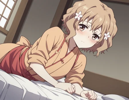 score_9, score_8_up, score_7_up, source_anime,
ohanamatsumae, <lora:ohana-matsumae-s1-ponyxl-lora-nochekaiser:1>,
ohana matsumae, short hair, brown hair, hair ornament, brown eyes, flower, hair flower,
japanese clothes, kimono, apron, sleeves rolled up,
indoors, bed, bed room, on side, blush, drunk,
looking at viewer, cowboy shot, solo, dutch angle,