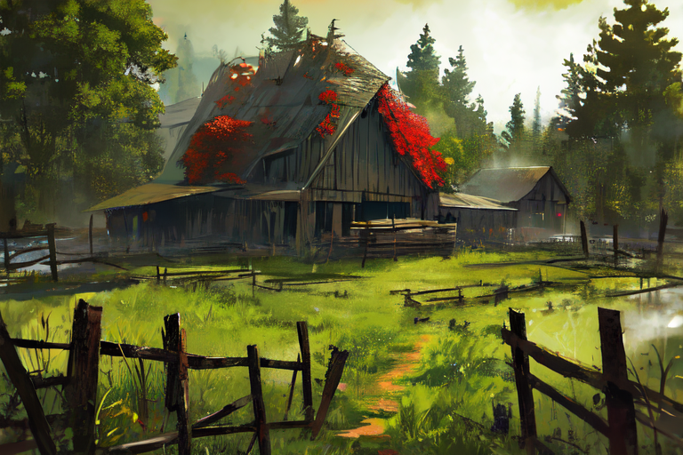 (otherworldly), highly insanely detailed, masterpiece, top quality, best quality, highres, 4k, 8k, RAW photo, (very aesthetic, beautiful and aesthetic), farm, fields, barn, fence, fantfa, <lora:FantasyFarm-10:1>, 
1girl, 
(rich red hair,dark navy hair ), 
(pure green background,transparent background),âââ