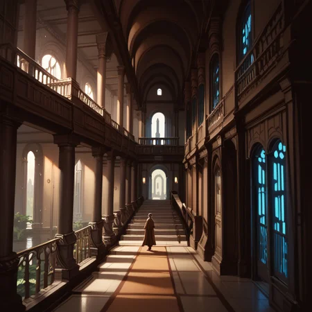 score_9, score_8_up, score_7_up, score_6_up, jedi temple, star wars, scenery, stairs, window, people, shadow, night, indoors, hallway, columns, high ceiling