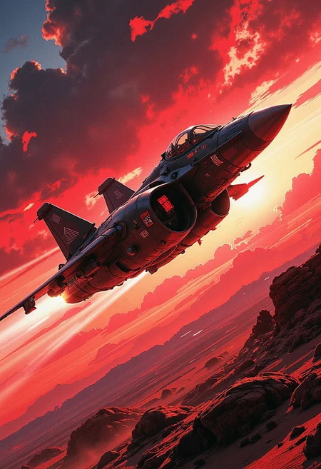 in the style of ck-mgs, A digital artwork in the style of cknc, a futuristic, highly advanced variable space fighter, small armoured spacecraft, flying rapidly over a rocky, arid planet. The fuselage is dark and has military insignia, and has a large air intake. The sky has dark clouds, and is a surreal red, sunset
