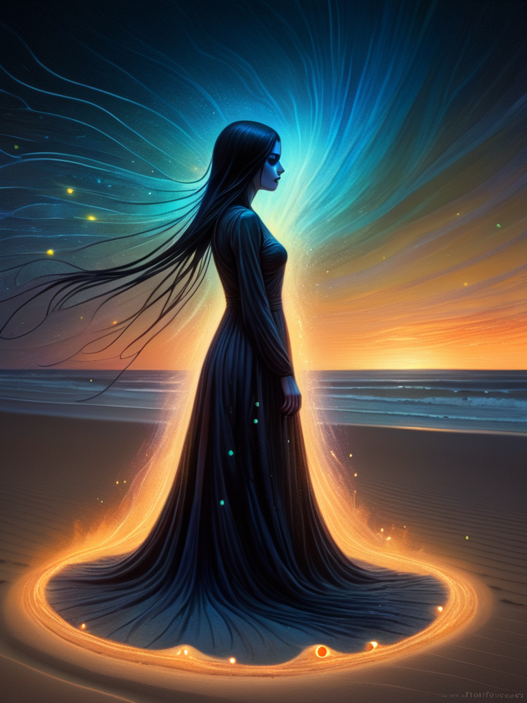 woman standing on sand inspired by Brooke Shaden, digital art related to glow threads 8k, gothic ghost maiden illuminated by fireflies standing in the desert, style Makoto Shinkai, Jamie Wyeth, James Gillard, Edward Hopper, Greg Rutkowski Studio Ghibli Genshin Impact <lora:ral-colorswirl-sdxl:1> ral-colorswirl