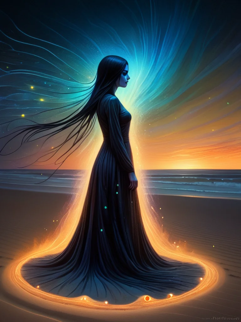 woman standing on sand inspired by Brooke Shaden, digital art related to glow threads 8k, gothic ghost maiden illuminated by fireflies standing in the desert, style Makoto Shinkai, Jamie Wyeth, James Gillard, Edward Hopper, Greg Rutkowski Studio Ghibli Genshin Impact <lora:ral-colorswirl-sdxl:1> ral-colorswirl