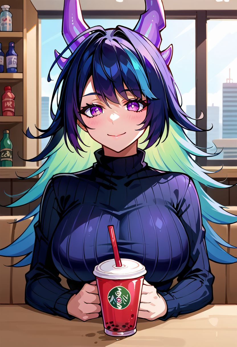 score_9, score_8_up, score_7_up, source_anime, 1girl, city,
BREAK ,
1girl, dis_dp, multicolored hair, horns, purple eyes, upper body, curvy, turtleneck, sweater, smile, closed mouth, cafe, boba drink, sitting, pov across table,